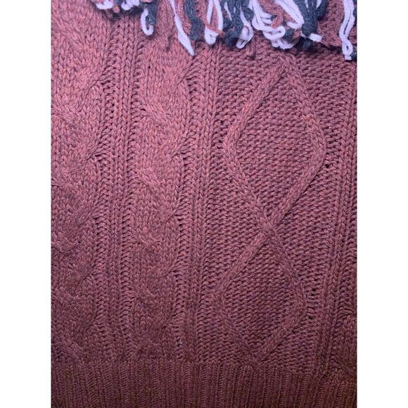 Glamorous Maroon Cable Knit Fringe Sweater Geometric Designs Size M Wool Blend - Picture 5 of 8